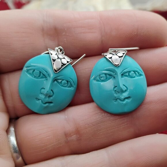 Turquoise Blue Carved Moon Face Sterling Silver Drop Earrings - Picture 1 of 4